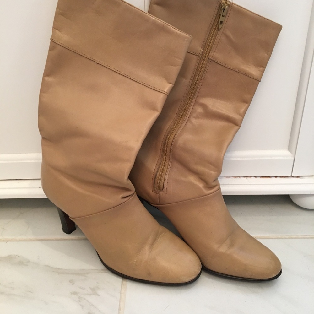 Tan mid-calf leather boots